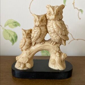 A. Santini Vintage Owl Family on Branch Carved Resin Sculpture - Figurine